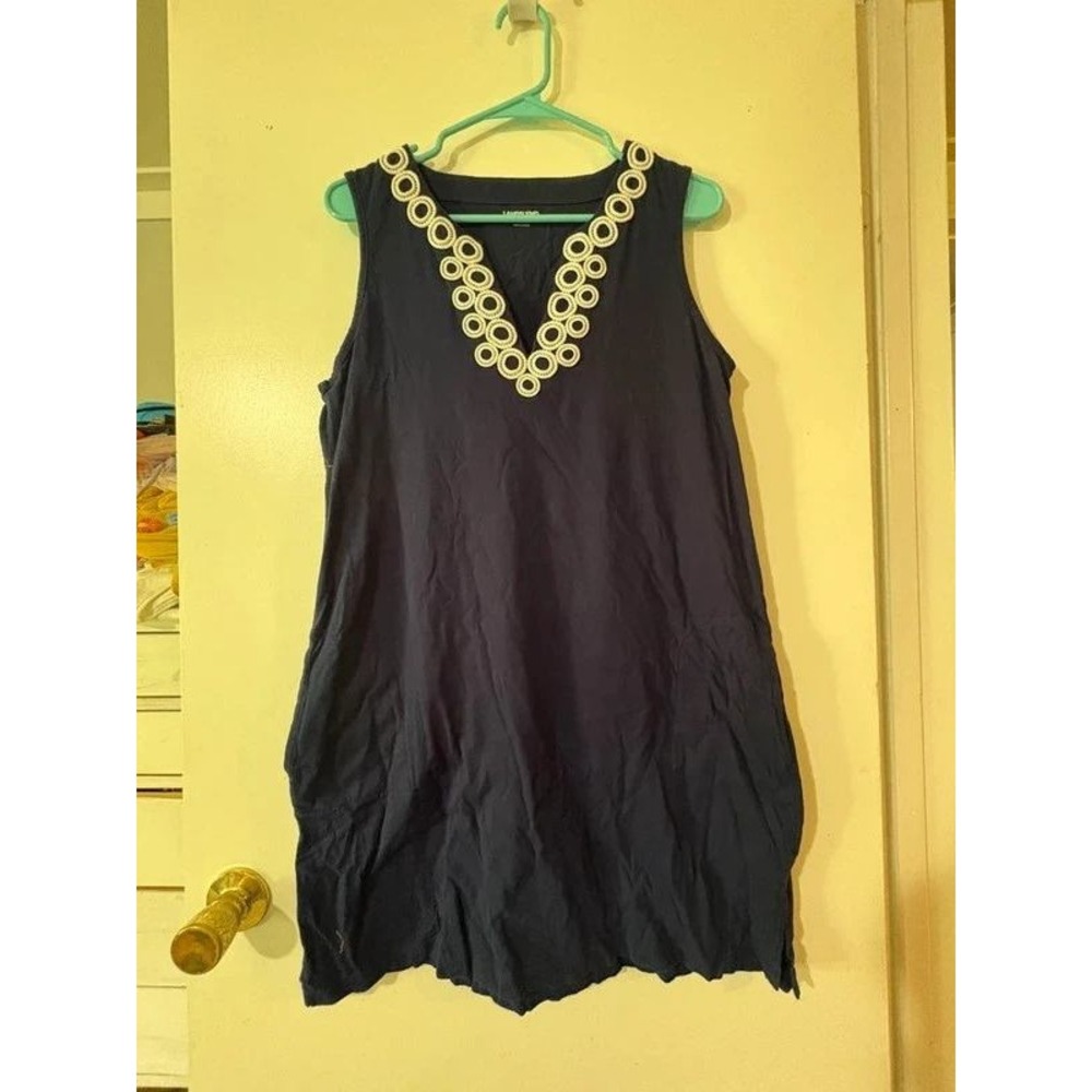 Lands End Navy Sleeveless V-Neck Eyelet Tunic Dress Womens M 10-12